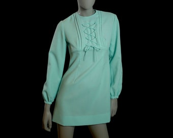70s Mini Dress, Aqua Turquoise Short Vintage Summer Festival Style, Size 6 USA, 10 UK
