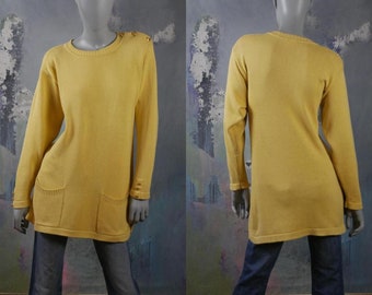 Long Yellow Sweater, 1990s Swedish Vintage Cotton Knit Pullover Top w Gold Anchor Buttons, Scandinavian Jumper: Size 12 US, 16 UK