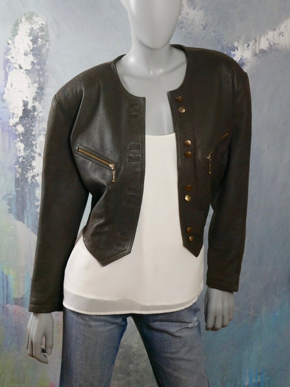 Brown Leather Cropped Jacket, 1990s European Vint… - image 2