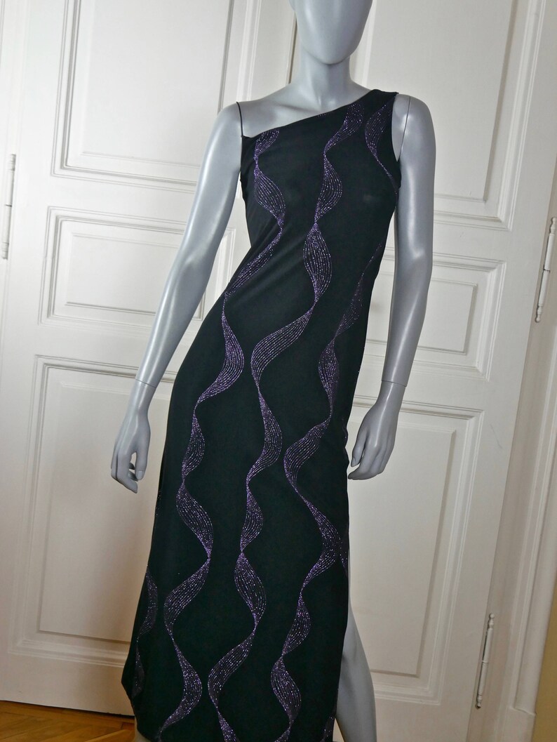 Black Purple Glittering Elegant Long Sleeveless Formal Dress Star Party Dress: 6 US 10 UK French Vintage One Shoulder Evening Dress