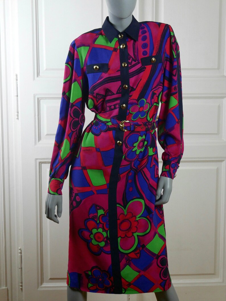 German Vintage Floral Geometric Cerise Pink Red Blue Purple Green Knee-Length Dress w Gold Buttons Size 10 US 90s Abstract Dress 14 UK