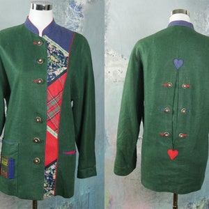 Vintage Trachten Blazer, Austrian Vintage Linen Jacket, Green Red Blue Bavarian Octoberfest Jacket w Faux Antler Buttons: Size 14 US, 18 UK