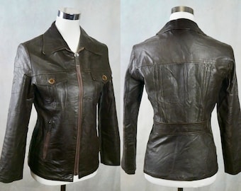 70s Vintage Brown Leather Jacket, Size 4 USA, 8 UK