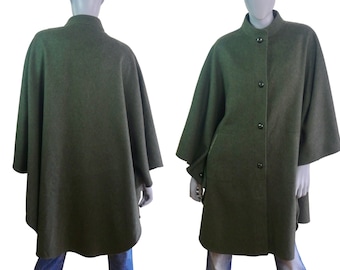 Vintage Olive Green Cape Coat, Size Large, 12 to 14 USA, 16 to 20 UK