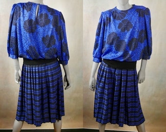 80s Dress, British Vintage Blue & Black Princess Diana Style Dress: Size 12 US, 16 UK