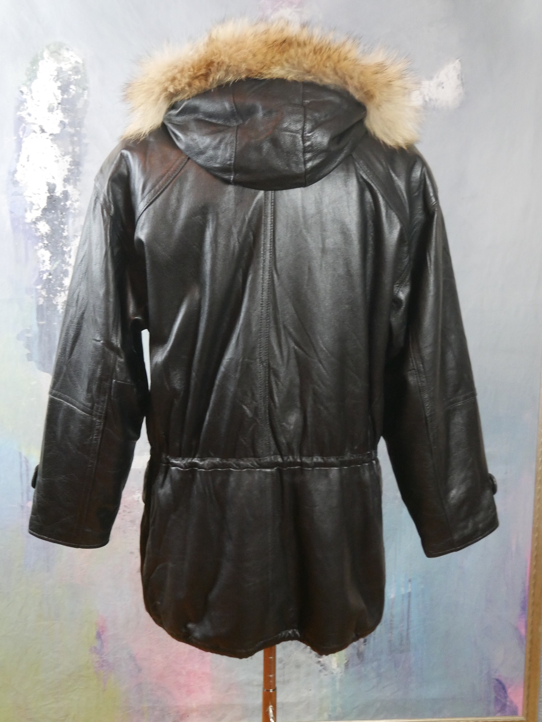 Black Leather Parka Jacket W Fox Fur Trimmed Hood European - Etsy