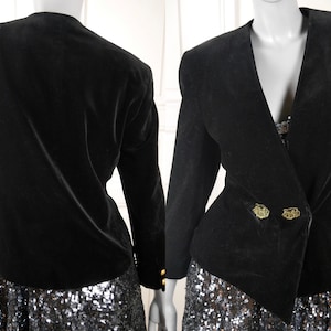 Black Velvet Blazer, Women&#39;s Small Size 6 USA, German Vintage Jacket with Two Metallic Gold Embroidered Tigers on Front