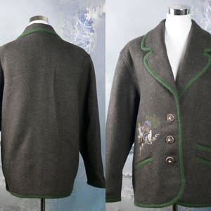 Österreichische Vintage Trachten Jacke, Damen Wolle bayerische Blazer w bestickt Hunter in Alpenszene: Größe 12 US, 16 UK