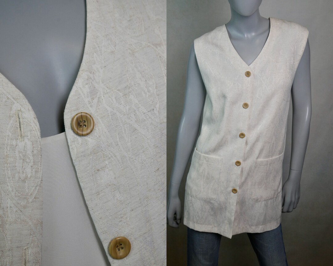 Long Beige Vest, 90s European Vintage Linen Blend Sleeveless Duster 