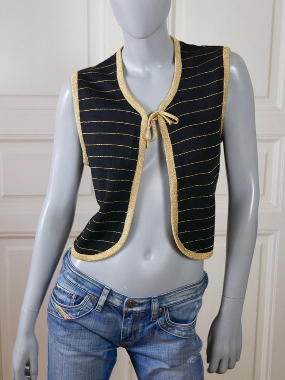 Boho Vest, 1970s Black Rounded-Front Cropped Wais… - image 3