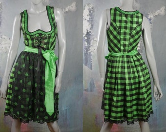 Vintage Dirndl Dress, Green and Black Check Pattern with Satin Sheen Bavarian Traditional Octoberfest German Dress, Size Small, 6 US, 10 UK