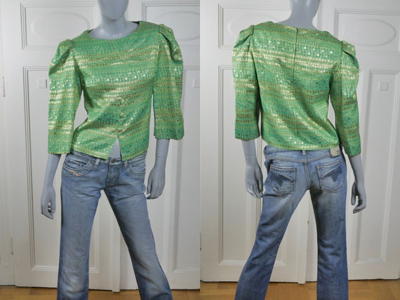 1960s Green & Gold Lurex Blouse, European Vintage… - image 1