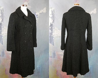 Black Fur Coat, Women's Small Size 6 USA, 1960s Swedish Vintage Double-Breasted Karakul Lamb Warm Winter Coat