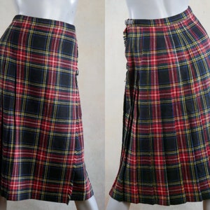 Wool Kilt Skirt, Red Black White Blue and Yellow White Tartan Plaid 80s British Vintagee Wraparound Pleated Skirt, Waist = 25 to 27 inches