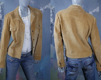 Suede Jacket, Large Size 12 Camel Tan European Vintage Genuine Leather Women's Coat