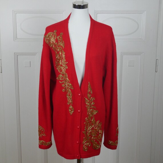 Gold Beaded Red Knit Cardigan, 1990s Italian Vint… - image 2