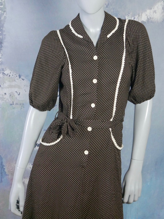 1970s Prairie Dress, Brown & Beige Polka Dot Swed… - image 3