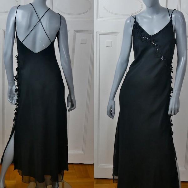 Sleeveless Spaghetti Strap Long Black Evening Dress, 90s European Vintage Womenswear, Size 10 USA, 14 UK