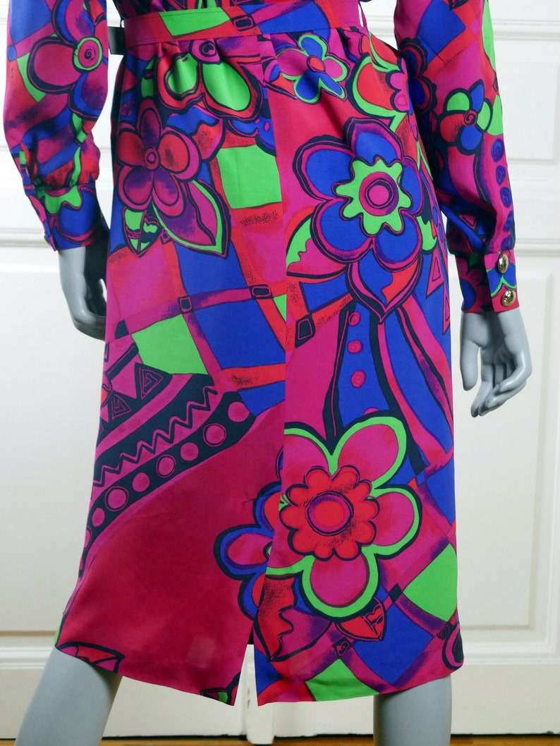 German Vintage Floral Geometric Cerise Pink Red Blue Purple Green Knee-Length Dress w Gold Buttons Size 10 US 90s Abstract Dress 14 UK