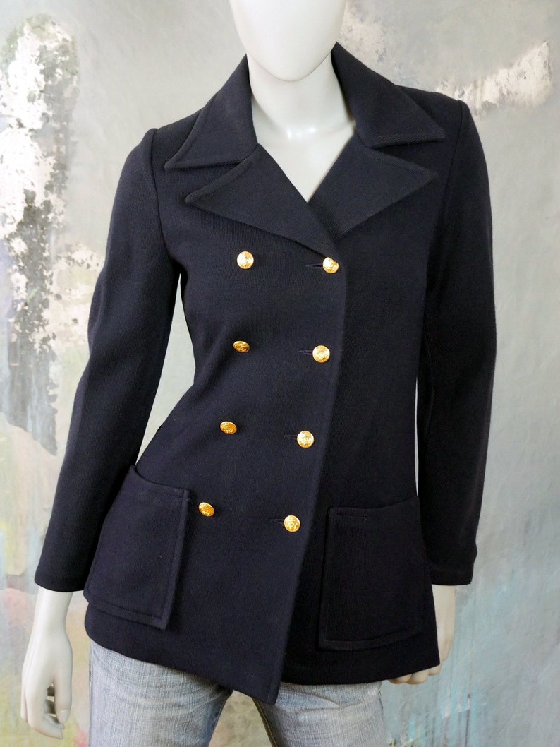 Size 6 US 1980s Swedish Vintage Peacoat Style Dark Navy Blue Double-Breasted Blazer Jacket with Gold Anchor Buttons 10 UK