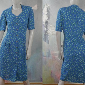 Blue Summer Dress, 1990s European Vintage Lightweight Short-Sleeve Floral Dress: Size 12 US, 16 UK