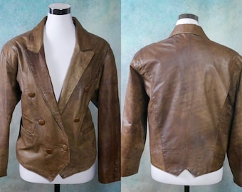 Bruin leren damesjack jaren 80, Swedish Vintage: maat 12 VS, 16 VK
