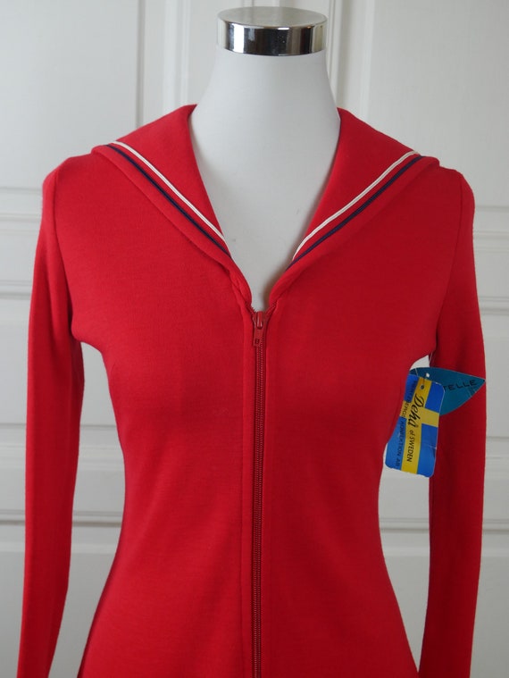 Red Sailor Top, 70s Swedish Vintage Long-Sleeve Z… - image 3