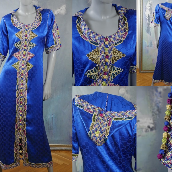 Vestido con cuentas de Oriente Medio, Real azul satinado Khaleeji Thobe Caftan Abaya vestido con capucha: tamaño 8/10 EE.UU., 12/14 Reino Unido