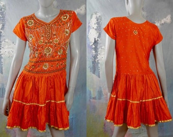 Orange Silk Dress w Jewel Sequin & Beaded Front, Short-Sleeve Summer Dress: Taille 6 US, 10 UK