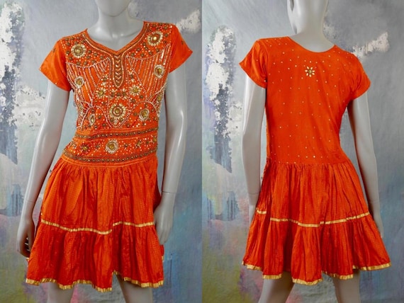 Orange Silk Dress w Jewel Sequin & Beaded Front, … - image 1