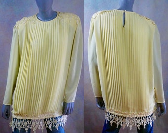 1990s Long Yellow Blouse, European Vintage Pleated Top with Lace Accents, Size 14 US, 16 UK