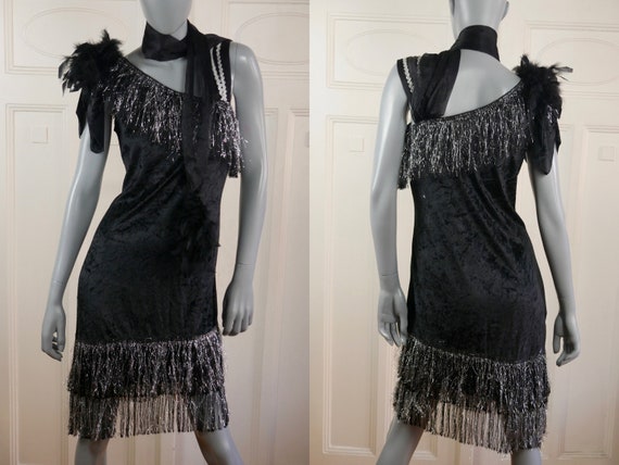 Flapper Dress, European Vintage Black Velvet with… - image 2