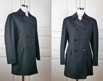 Norwegian Vintage Trench Coat, 1970s Black Double-Breasted Macintosh Raincoat w Wide Rounded Notch Collar: Size 10 US, Size 14 UK