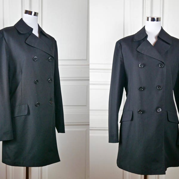 Norwegian Vintage Trench Coat, 1970s Black Double-Breasted Macintosh Raincoat w Wide Rounded Notch Collar: Size 10 US, Size 14 UK