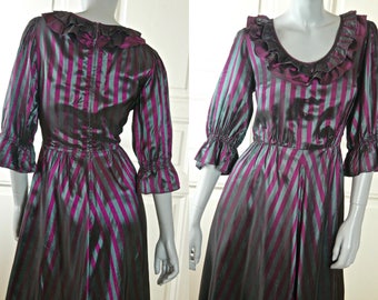 German Vintage Silver & Purple Striped Formal Long Prairie Dress with Ruffled Scoop Neckline: Size 10 US, 14 UK