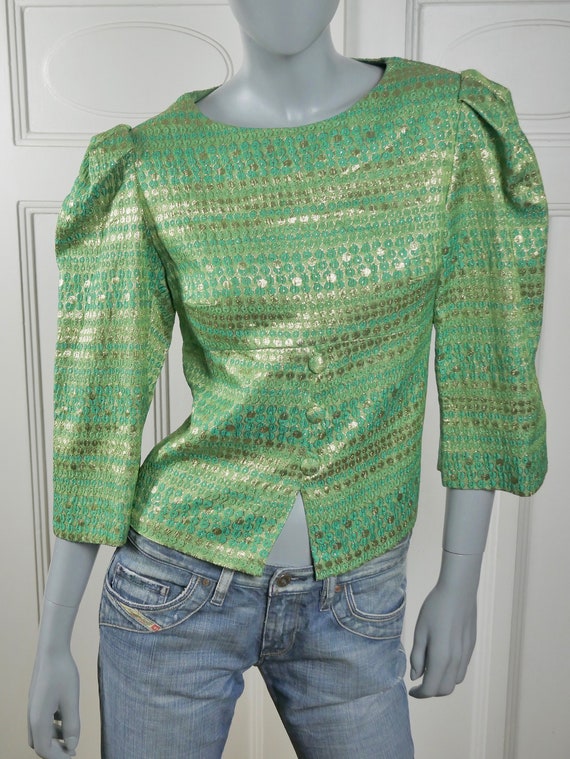 1960s Green & Gold Lurex Blouse, European Vintage… - image 3