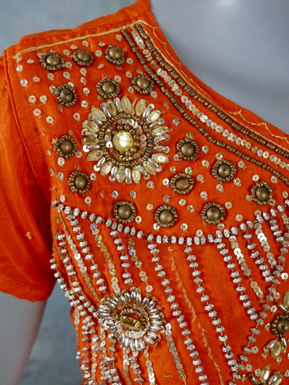 Orange Silk Dress w Jewel Sequin & Beaded Front, … - image 9