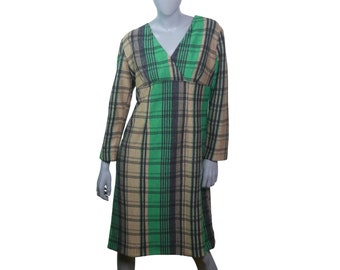 1970s Vintage Wool Dress, Green Beige & Black Plaid, Size 16 US, 20 UK