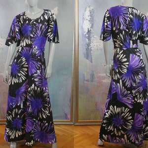 1970s Maxi Dress, European Vintage Purple Black & White Abstract Floral Long Dress with Short Flutter Sleeves: Size 12 US, 16 UK