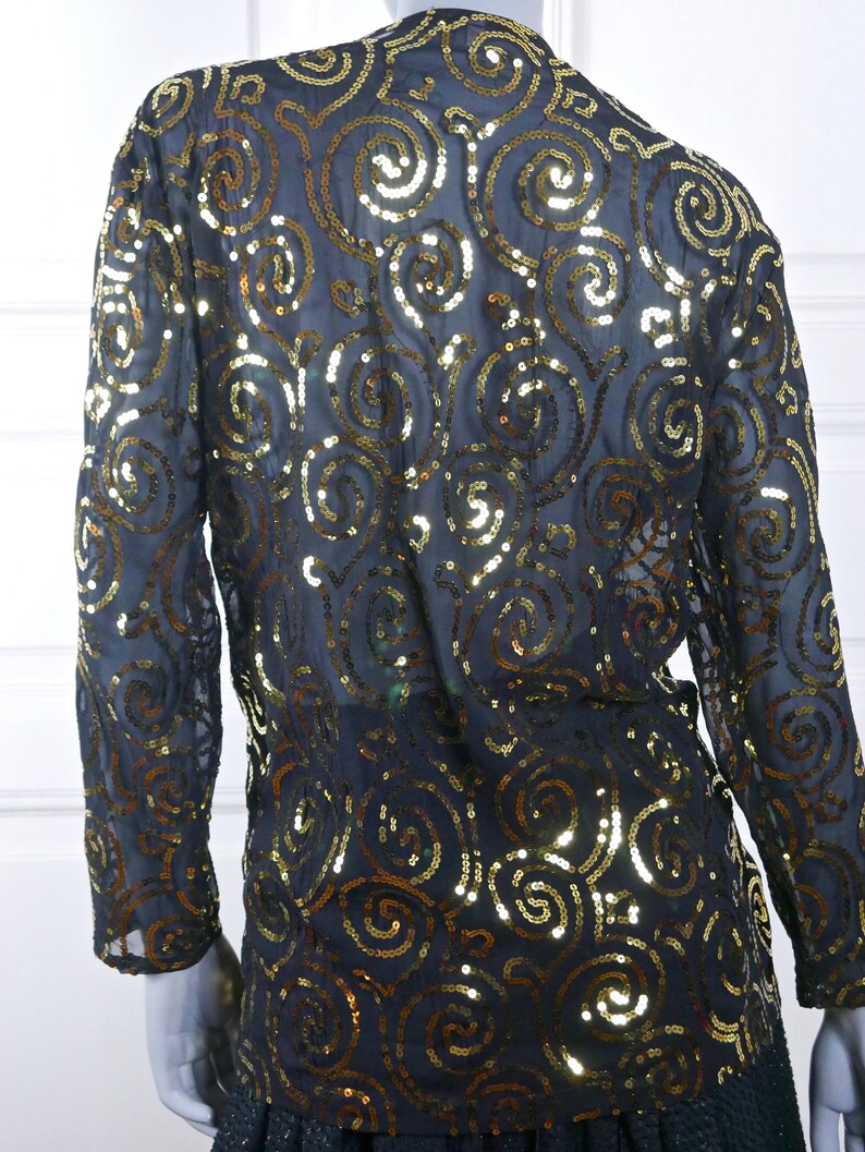 Black Gold Sequin 1980s Cocktail Blouse Formal Party Wear Blazer Top: Size 12 US Size 16 UK European Vintage Elegant Evening Top