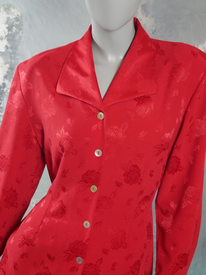 1980s European Vintage Long Tunic-Style Lightweight Blazer Top Red Floral Blouse Size 12 US 16 UK