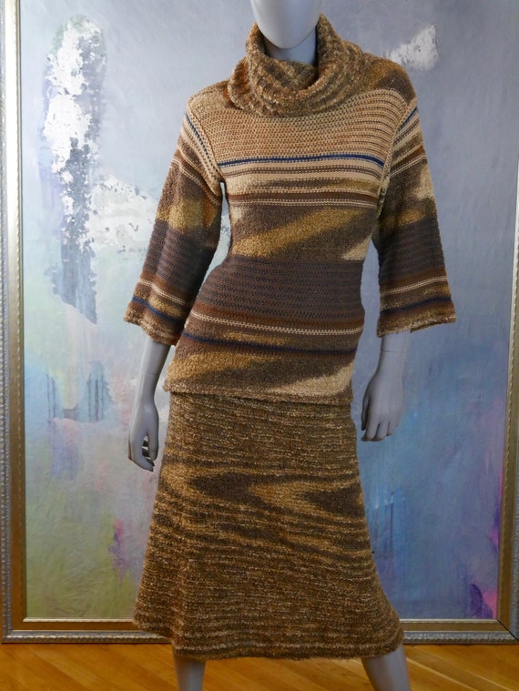 70s Dress Set, Tan & Brown Bouclé Swedish Knit Co… - image 2