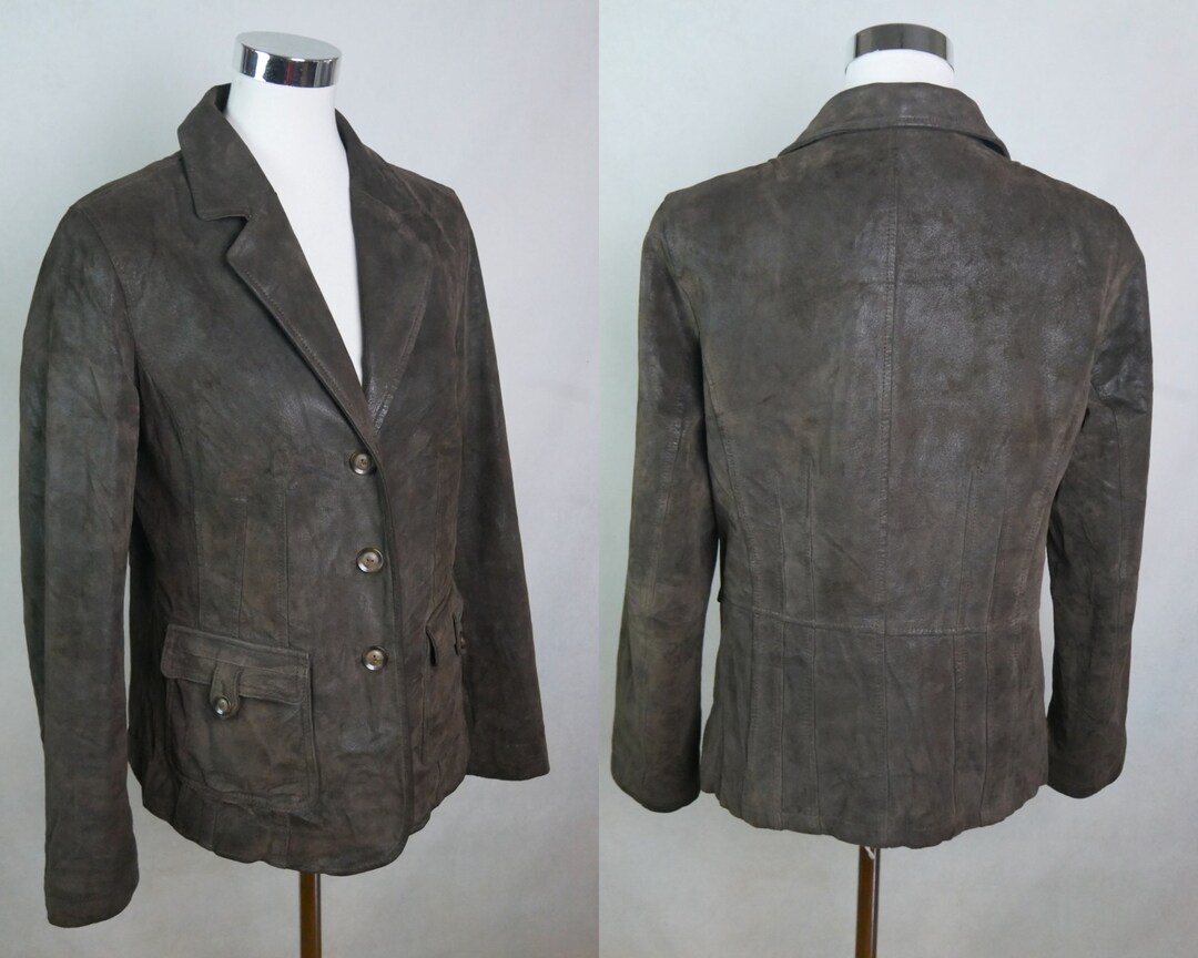 Vintage 90s Brown Leather Zip Down Jacket Denim Lining XXL