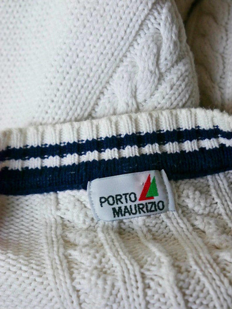 1618 UK Cable Knit Pullover Sweater: Size 1214 US Italian Vintage Nautical Sweater White Navy Blue Cotton Knit V-Neck Sailor Jumper