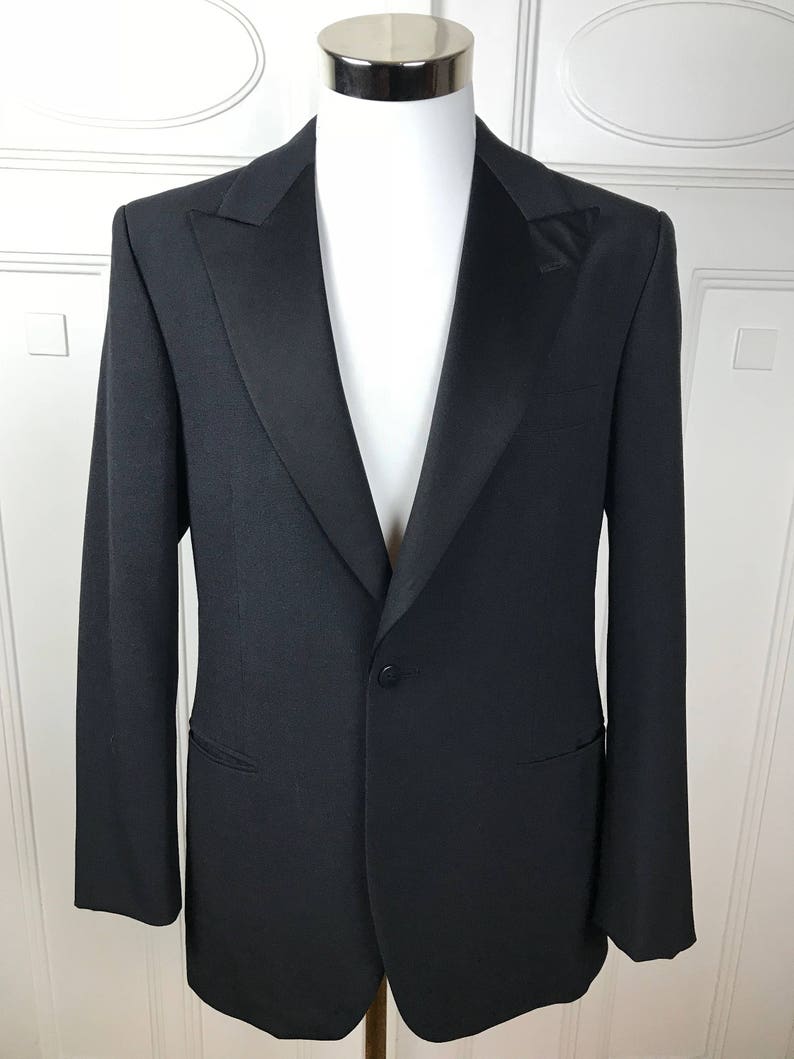 Vintage Tuxedo Jacket, Swedish Black Dinner Jacket w Silk Peak Lapels, European Smoking Jacket: Large, Size 40 US/UK image 3