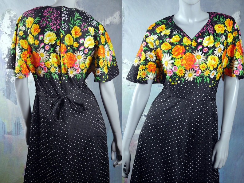 12 UK Black White Polka Dot Maxi Dress w Orange Yellow Pink Floral Pattern on Bodice 1970s Long Dress Bohemian Summer Dress: 8 US