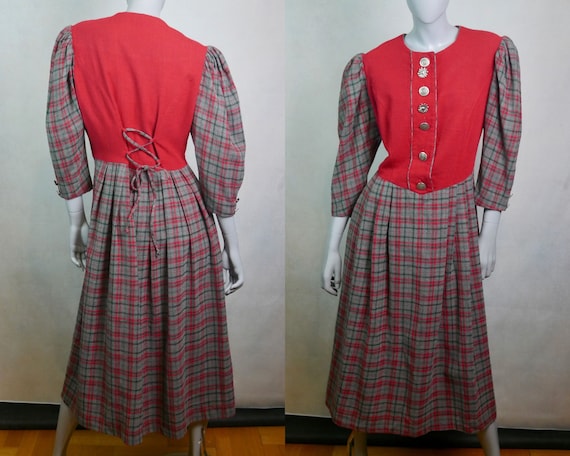 Prairie Dress, Large, Size 14 USA, Red and Gray P… - image 1