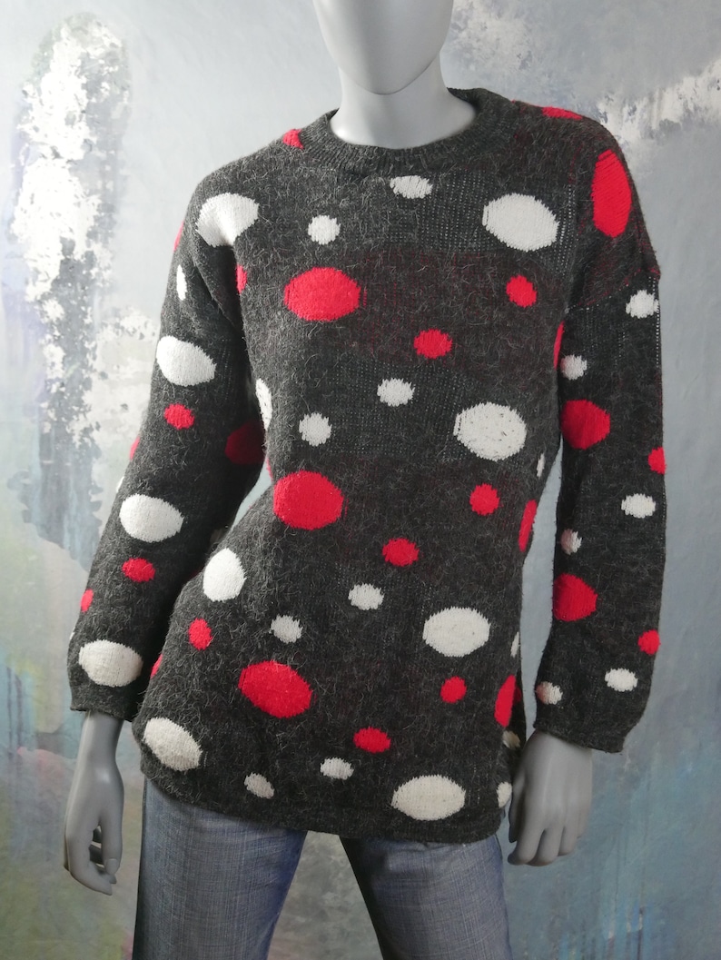 18 UK Polka Dot Sweater Size 14 US 1980s British Vintage Charcoal Gray Red and White Soft Warm Winter Pullover Jumper