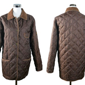 Swedish Jacket, Women&#39;s 90s Vintage Brown Quilted Nylon with Corduroy Collar, Size Extra Large