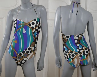 1990s Italian Vintage Swimsuit, Turquoise Black White Polka Dot Gold European One-Piece Bathing Suit: Size 10 US, 14 UK (38C bust)